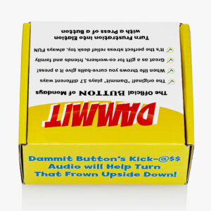 Back of Dammit Button retail packaging box showing features and benefits - The Official Button of Mondays with kick-ass audio