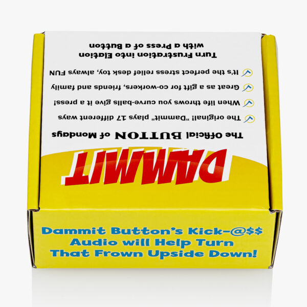 Back of Dammit Button retail packaging box showing features and benefits - The Official Button of Mondays with kick-ass audio