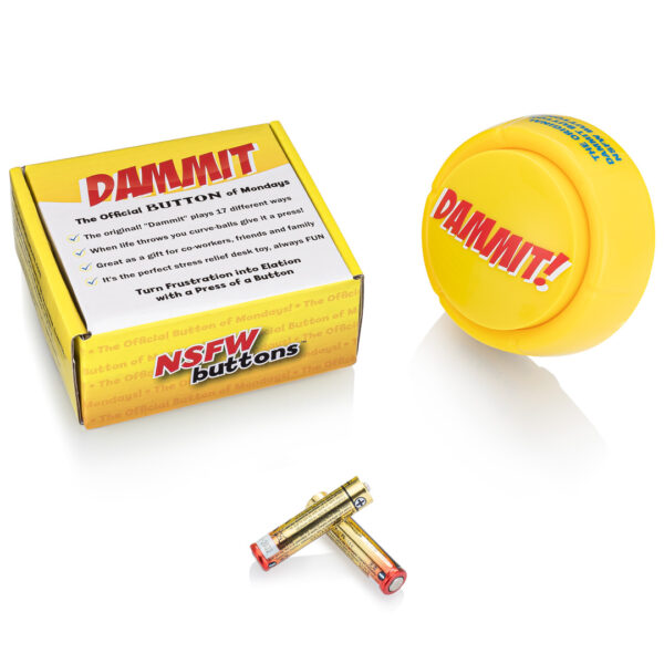 Yellow Dammit Button of Mondays novelty stress relief toy with original packaging box and AA batteries
