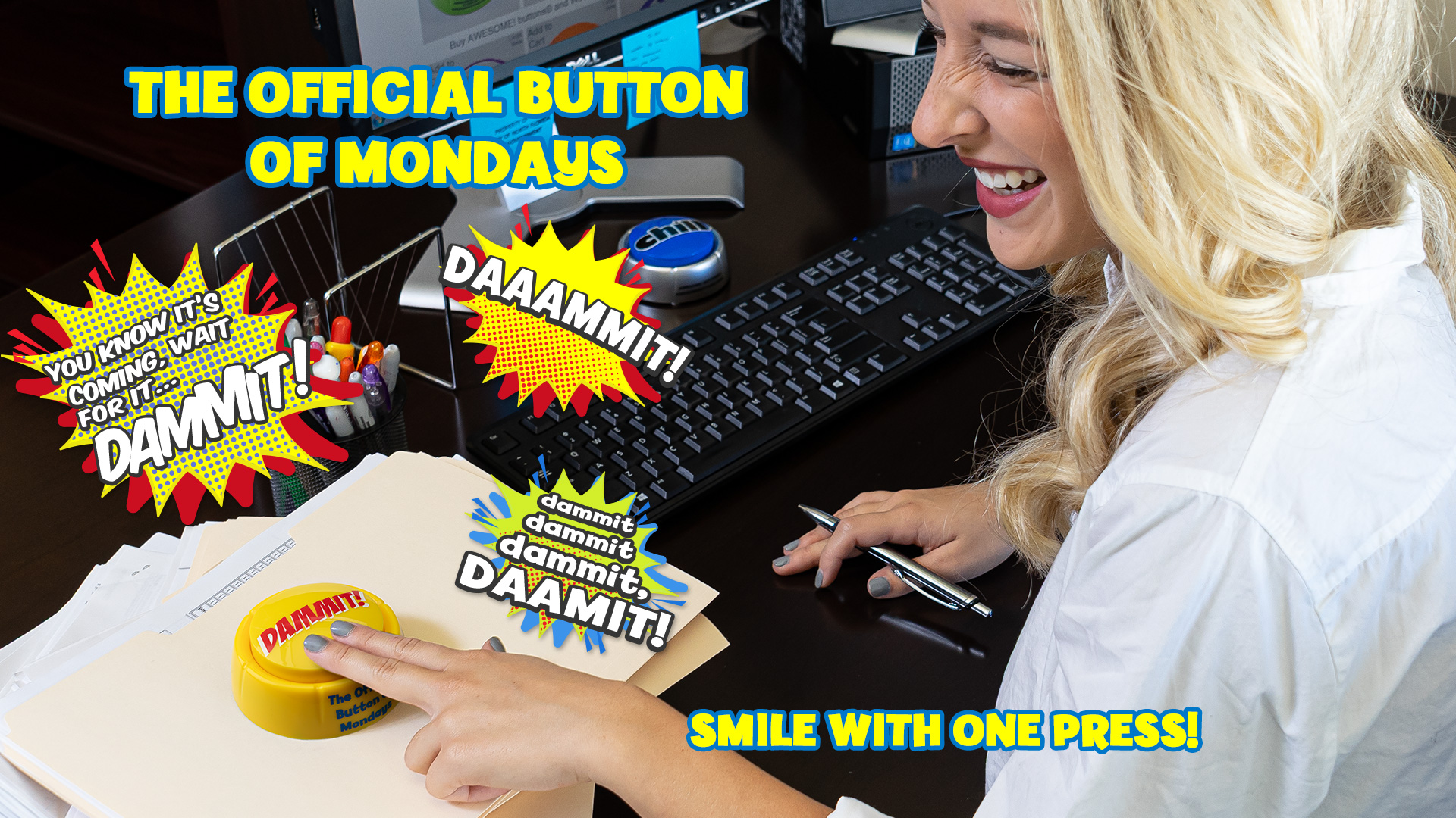 Woman pressing Dammit Button at work and laughing