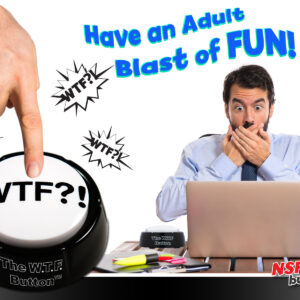 Man pressing large black WTF Button with shocked expression at desk, promoting NSFW Buttons adult novelty desk toy for funny office fun