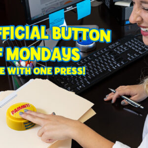 Woman pressing Dammit Button at work and laughing